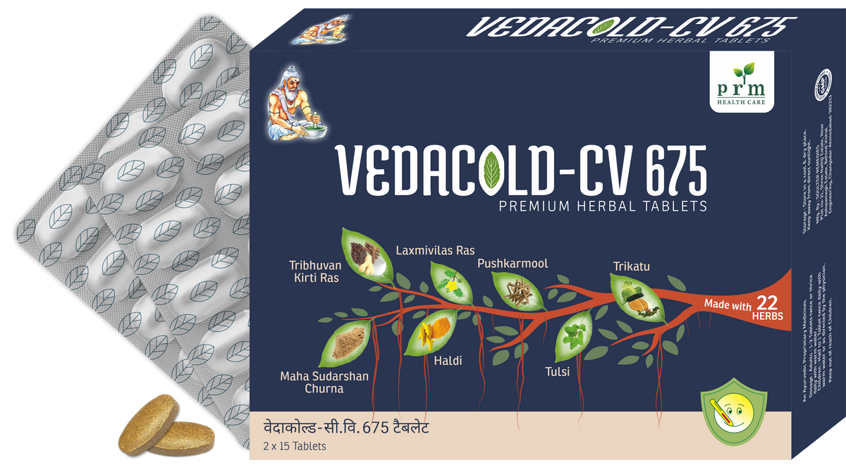 Vedacold-CV 675 Ayurvedic Cold & Cough Relief Tablets | 22 Herbal Immunity Formula with Tulsi, Trikatu, Haldi & Pushkarmool | Supports Relief from Nasal Congestion, Sore Throat, Fever & Respiratory Discomfort | 30 Tablets Pack