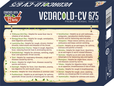 Vedacold-CV 675 Ayurvedic Cold & Cough Relief Tablets | 22 Herbal Immunity Formula with Tulsi, Trikatu, Haldi & Pushkarmool | Supports Relief from Nasal Congestion, Sore Throat, Fever & Respiratory Discomfort | 30 Tablets Pack
