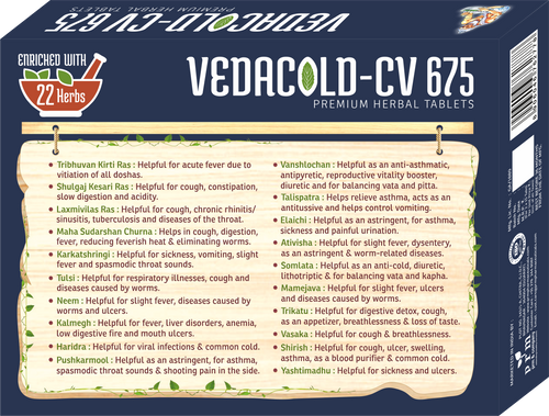 Vedacold-CV 675 Ayurvedic Cold & Cough Relief Tablets | 22 Herbal Immunity Formula with Tulsi, Trikatu, Haldi & Pushkarmool | Supports Relief from Nasal Congestion, Sore Throat, Fever & Respiratory Discomfort | 30 Tablets Pack